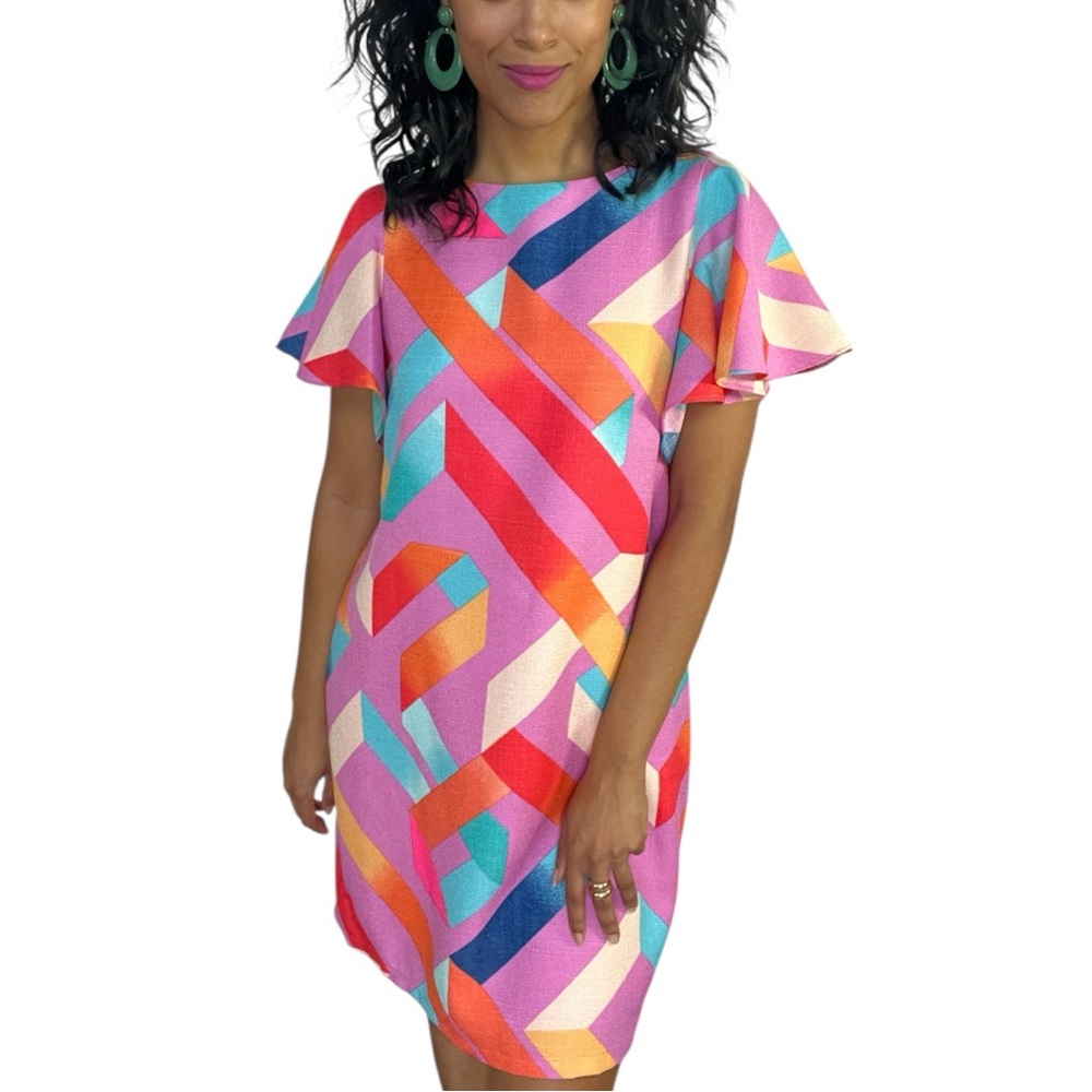 Gianni Bini GB Geometric Multicolor Flutter Sleeve Sheath Dress Size Medium